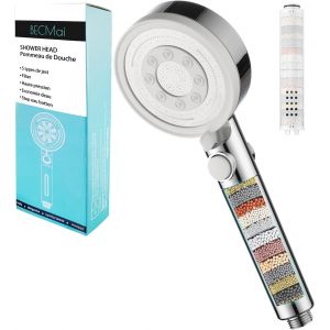 Pommeau de Douche anti Calcaire avec Filter, Pommeau Douche Filtrant Haute Pression 5 Modes de Jets, Pomme Duche Economie Deau, Shower Head Filter Hard Water Chrome et Blanc Sans Tuyau Support - Neuf