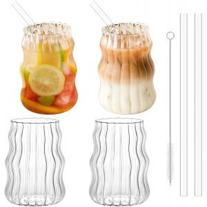 530ml Verres À Bulles Avec Paille-Set De 4 Résistants Au Froid Et À La Chaleur Striés,Wave Tumbler Pour Latte Macchiato,Café Glacé,Whisky,Cocktails,Yaourt,Soda - Neuf