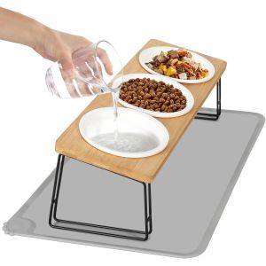 Cmws-Gamelle Chat Surélevée, Gamelle Chat, 3 Bols Chat Ceramique De Nourriture, Gamelle Pour Chat Avec Support 15° Incliné Mit Tapis Gamelle Chat, Gamelle Chien Pour Chats Et Petits Chiens - Neuf