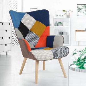 Fauteuil Scandinave Ivar En Tissu Patchwork Multicouleurs Et Imprim&eacute; Pied De Poule - Neuf