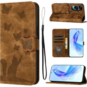 Kal-&Eacute;tui Pour Honor 90 Lite 5g 6.7 Mat&eacute;riau En Cuir Pu Coque Honor 90 Lite Avec Fentes Pour Cartes Housse Protection Motif Papillon Chat Coque Honor 90 Lite 5g Brun - Neuf