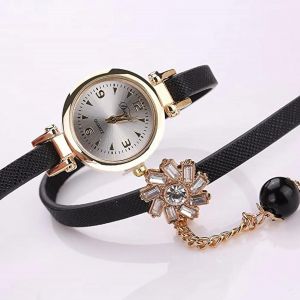 Duoya Femmes Rétro Noir Imitation Perle Pendentif Fleur Strass Bracelet Montre (Noir) - Neuf