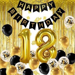 18 ans déco anniversaire Or noir, bannière joyeux anniversaire, ballon hélium chiffres 18 XXL, Rideau à Franges Or noir confettis latex numéro tableau deco confettis fille femmes - Neuf