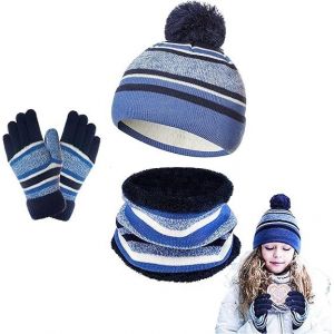 (Bleu)3-En-1 Bonnet Écharpe Gants Ensemble Pour Les Enfants L'hiver Épaissir En Tricot Polaire Pompom Chapeaux Avec Cache-Cou Écharpe Gants Pour Les Filles, Les Garçons De L'âge De 3 À 8 Ans - Neuf