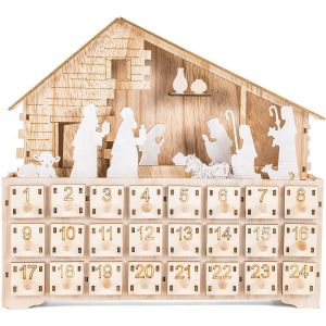 Calendrier de l'Avent phosphorescent (30,7 x 38,1 x 4,8 cm) - 24 tiroirs - Rechargeable - Jesus House - Décoration de Noël - Bois - Éclairage LED - Neuf