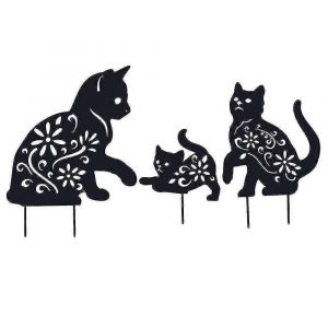 D&eacute;coration de jardin ext&eacute;rieur - Lot de 3 poteaux d&eacute;coratifs en m&eacute;tal en forme de chat - Neuf