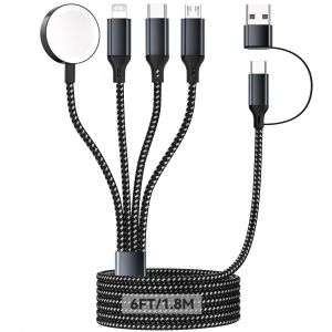 TRAHOO-4 en 2 Multiple Rapide Chargeur pour A pple Watch, 1.8M/6FT C&acirc;ble Tress&eacute; Nylon USB A/C vers Port iOS/Type C/Micro USB/iWatch Compatible pour iWatch Ultra/SE/1-11/iPhone/iPad/AirPods/Galaxy - Neuf