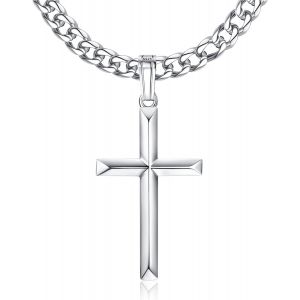 Kal-Pendentif Croix Argent Sterling 925 Avec Cha&icirc;ne &Agrave; Maillons Cubains Acier Inoxydable Taille Diamant Collier Miami Plaqu&eacute; Or Blanc 18k Poli Bord Biseaut&eacute; Pendentif Croix Collier Homme Femme 46-76cm - Neuf