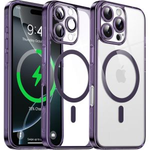 THEF-Coque Magnétique Transparente pour iPhone 16 Pro Max (6.9'') avec Objectif Film, [Compatible avec MagSafe] [Protection Antijaune & Antirayure & Antichoc] Etui Housse Dur avec Bord, Violet - Neuf