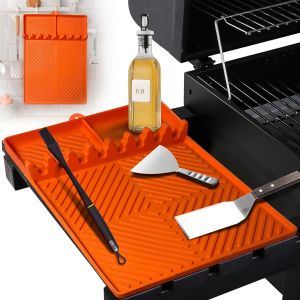 LETNERNY-Tapis De Cuisson En Silicone,Silicone Grill Mat Pour Blackstone,Tapis De Rangement Latéral Pour Gril,Griddle Tools Mat(Orange) - Neuf