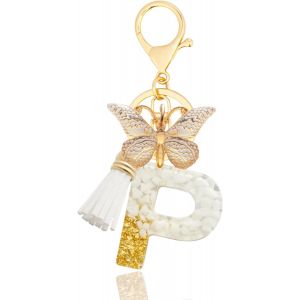 KAL-Porte-Clés Avec Lettre, Keychains Lettre Avec Papillons Pompon Pendentif, Alphabet Porte-Clés, Porte-Clés Initiale Pour Femmes Filles Sac À Main Bagages Décoration - Neuf
