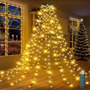 Guirlande Lumineuse LED de 2m pour Sapin de Noël avec 300 LED et 8 Anneaux, Lumière Chaude, USB 5V/2A, pour Intérieur et Extérieur, Convient aux Arbres de 150cm / 180cm / 210cm / 240cm - Neuf