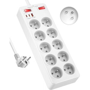 Multiprise avec Interrupteur, 10 Prises Françaises avec Terre 16A 2P+T,Bloc Prise Multiple Charge Rapide PD20W, 2100J Parafoudre et Surtension,Cuisine et Bureau Rallonge Electrique 2 M Câble, Noir - Neuf