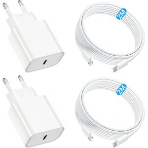 JGD-20W Chargeur Rapide et Chargeur pour iPhone 14/14 Plus/14 Pro/14 Pro Max/13 12 11, 2-Pack Chargeur USB C 2M c&acirc;ble de Charge Rapide Prise Adaptateur d'alimentation Prise de Charge Prise de r&eacute;seau - Neuf