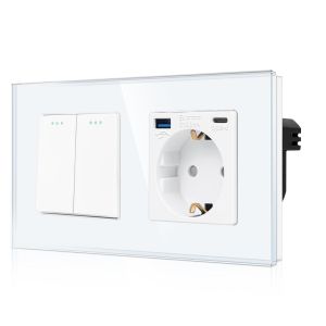 Interrupteur d'&eacute;clairage avec prise Schuko 2 compartiments 1 voie, prise en verre, encastr&eacute; avec USB (type C et type A 3,1 A total) - Plaque murale en verre cristal moderne avec points - Neuf