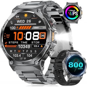 Sunkta Montre Connectée Homme Lampe De Poche Led Avec 800 Mah Grande Batterie 1,73¿ Hd Bluetooth Appels Smartwatch Homme Pour Ios Android,Fréquence Cardiaque/Moniteur De Sommeil,100+ Sport,Argenté - Neuf