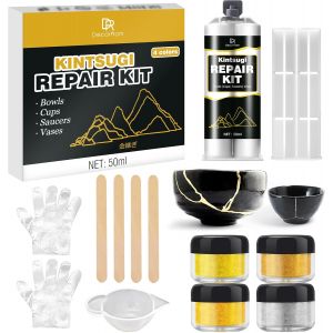 JEXNOVASHOP-Kintsugi Kit de réparation - 50 ml de colle dorée Kintsugi - Kit de réparation en céramique de qualité alimentaire - Colle à porcelaine dorée pour réparer la céramique cassée, le verre, l - Neuf