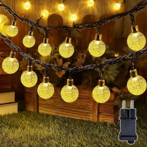 Jgd-Guirlande Lumineuse D'ext&eacute;rieur Boules En Cristal 10 M 100 Led Avec Prise 8 Modes - Guirlande Lumineuse D'ext&eacute;rieur Avec Minuterie Pour Chambre, Jardin, Balcon, D&eacute;coration De No&euml;l - Blanc - Neuf