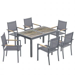 Ensemble De Jardin Table &Agrave; Manger 6 Personnes 7 Pi&egrave;ces Acier Textil&egrave;ne Gris Effet Bois - Neuf