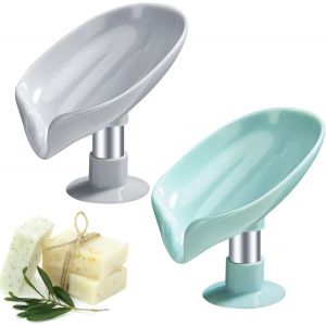 Porte-savon 2 pièces, boîte à savon pour salle de bain, porte-savon à ventouse, porte-savon en forme de feuille pour salle de bain et cuisine (vert et gris) - Neuf