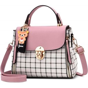 SJZG-Sac &Agrave; Main Femmes Petit Mignonne Bandouli&egrave;re Sac Mode Treillis Crossbody Bag Travailler Voyage D&eacute;contract&eacute; Quotidien Fille Cuir Pu Sacs &Agrave; Rabat Rose - Neuf