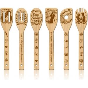 Kal-6 Pièces Ensemble D'ustensiles De Cuisine En Bambou Pour Mariage Cuillères Gravées En Bois Spatule En Bambou Pour Cuisine Cadeau De Pendaison De Crémaillère Pour Mère L'amie Femmes Cadeau - Neuf