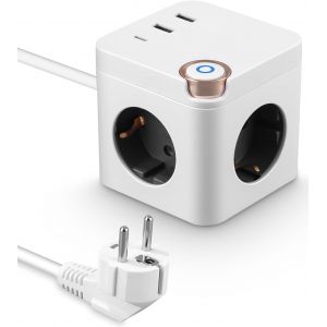 Cube Multiprise 6 en 1 avec USB,3 Prises avec 3 Ports Multiple avec 1 Type C et 2 Ports USB,Multiprise 3680 W avec Interrupteur,Cable 1.5m pour Bureau,Maison,Voyage (Blanc) - Neuf