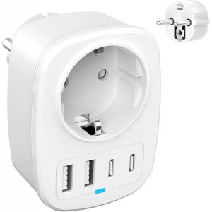 KALANKA-Adaptateur de Voyage International, Prise de Courant Universelle avec 1 Port AC, 2 Ports USB-C et 2 Ports USB-A, Adaptateur 5 en 1, pour Les Voyages en Europe - Neuf