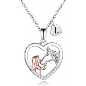 Collier Fille Et Cheval Pour Femme Fille Lettres Initiales Coeur Pendentif Collier Cadeaux De Amoureux Des Chevaux Et Fille Cha&icirc;ne Bijoux - Neuf