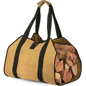 Toile bûche de Sac de Grande Capacité Sac de Rangement du Bois de chauffage en plein air le Journal de Transporteur de Bois Ciré Journal Titulaire avec Poignées en Bois Solide Sac de Transporteur(99x46CM) - Neuf
