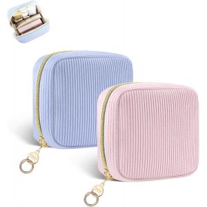 Mini Trousse Maquillage Femme En Velours Côtelé Pochette Maquillage Fille Voyage Sac De Rangement À Cosmétique Rouge À Levre Vernis À Ongles Idéal Cadeau Anniversaire Noël 10 * 5 * 10Cm(Bleu&Rose) - Neuf
