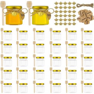 Mevronisshop-30pcs 45ml Mini Pots À Miel En Verre Hexagonaux Avec Louches En Bois, Pendentifs Abeille, Étiquettes En Papier Kraft, Jute Pots À Confiture, Parfait Babyshower, Faveurs De Mariage (30) - Neuf