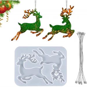 Moule Resine Epoxy No&euml;l, Moule Silicone No&euml;l Mixtes Pendentifs Resine en Forme de Wapiti Moule de No&euml;l en Silicone &Eacute;poxy avec 10 Attaches en Fil d'argent pour la D&eacute;coration des Arbres de No&euml;l - Neuf