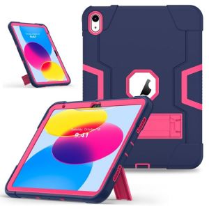 Coque En Silicone + Pc Pour Ipad 11 (11e Gén) / 10,9 (10e Gén) 2022/2025 Avec Support - Couleurs Contrastées - Bleu Marine Rose Rouge - Neuf