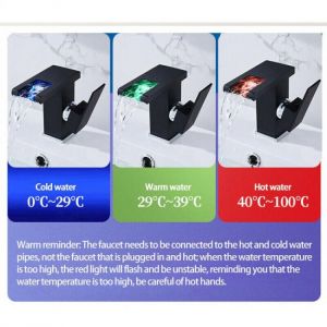 Robinet de salle de bain moderne à cascade, robinet d'évier noir à LED, durable, eau chaude et froide réglable - Neuf