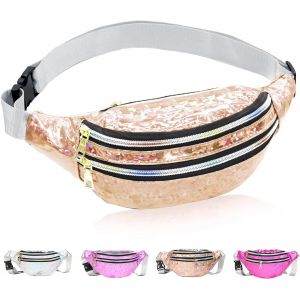 SJZG-Sac Banane R&eacute;flet Holographique Femme, Sac Banane Pour Fille, Sac De Taille Ajustable Multi-Poches En Cuir Pu Imperm&eacute;able Sacoche Pour Girls Festival Voyage Hiking - Neuf