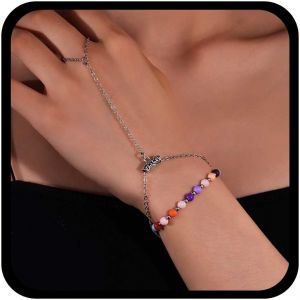 Kal-Bracelet Boho Arc-En-Ciel Perle Anneau De Doigt Bracelet Harnais Main Perles Vintage Cha&icirc;ne D'esclave Bracelet Main R&eacute;glable Cha&icirc;ne D'esclave Bijoux Pour Femmes - Neuf