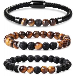 3 Pi&egrave;ces Bracelet De Perles 8mm Pour Hommes Femmes En Pierre Naturelle - Oeil De Tigre Et Cuir Avec Fermeture Magn&eacute;tique En Acier Inoxydable - Neuf