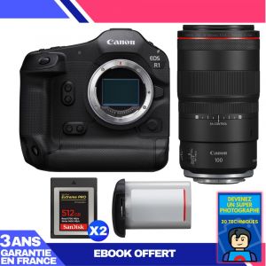 Boitier Canon EOS R1 + RF 100mm f/2.8 L Macro IS USM + 2 SanDisk 512GB Extreme PRO CFexpress Type B + Canon LP-E19 + Ebook 'Devenez Un Super Photographe - Neuf
