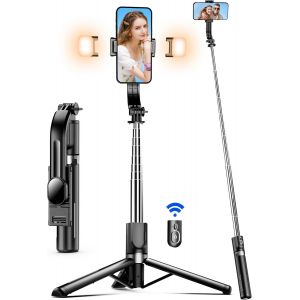 LORANKA-Perche &agrave; Selfie 115 CM avec Tr&eacute;pied Am&eacute;lior&eacute; - 2 Lumi&egrave;re d&iquest;Appoint - Tr&eacute;pied pour T&eacute;l&eacute;phone avec T&eacute;l&eacute;commande D&eacute;tachable, 360&deg; Rotation pour iPhone 14 13 12 11 Pro XS Max XR, Samsung, Huawei, - Neuf