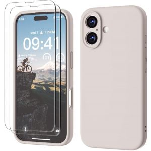 KALANKA-3 en 1 Coque pour per iPhone 16 Silicone Liquide 6.1"" avec 2 Verre Tremp&eacute;, &Eacute;tui Protection Pr&eacute;cise de Cam&eacute;ra [R&eacute;sistant aux Rayures] [Antid&eacute;rapant] iPhone 16 CasePierre Gris - Neuf