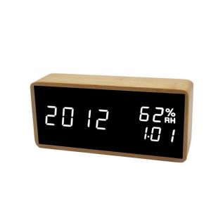 Réveil numérique en bois, horloge numérique avec 3 réglages d'alarme, réveil électronique alimenté par USB, fonction snooze, affichage LED de l'heure, de la température et de l'humidité, blanc - Neuf