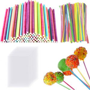 SUBZONAL-Batonnet Pop Cake Baton Sucette Pop Cake Sac de Bonbons 100 Batonnet Popcake avec 100 Petit Sachet Bonbon Transparent et 100 Lien Torsad&eacute; B&acirc;ton Sucette B&acirc;tonnets &agrave; Sucettes - Neuf