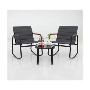 Costway Ensemble 3 Pcs Table Et Chaises &Agrave; Bascule De Jardin Ext&eacute;rieur Int&eacute;rieur, Table En Verre, Coussins Amovibles, Accoudoir Bois - Neuf