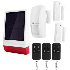 Systeme d'alarme de securite antivol sans fil 433 MHz, sirene solaire, aimant pour 2 portes, 1 detecteur PIR, 3 telecommandes - Neuf