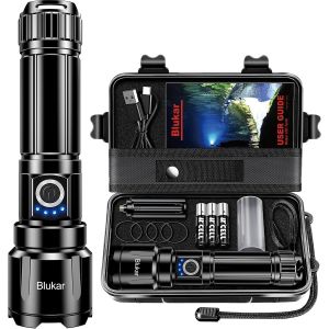 JEXNOVASHOP-Lampe Torche LED Ultra Puissante Super Lumineux, Lampe de Poche Rechargeable 5000mAh Batterie, LED Torche IPX6 &Eacute;tanche, 5 Modes & Zoomable pour Camping/Urgence/Randonn&eacute;e(avec 3 Piles AAA) - Neuf