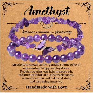 Eryi-2pcs Bracelet Amethyste Papillon Pierre Naturelle, Élastique Porte Bonheur Lithotherapie Pour Anniversaire, Saint Valentin, Fête Des Mères, Noël, Cadeau Pour Mamie Maman S?ur Amie, Violet - Neuf