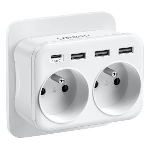 TRAHOO-Prise USB Secteur Chargeur, Multiprise Murale 6 en 1 avec 2 Sorties AC,1 Type C et 3 USB Multiprise duex Prise Françaises pour Chambre Cuisine Bureau - Neuf