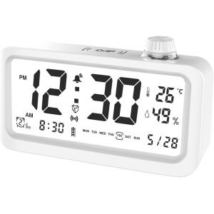 Kal-Réveil Numérique Avec Grand Écran Lcd, Réveil Analogique Sans Tic-Tac Avec Date De Température, Snooze, Réveil Numérique Pour Table De Chevet Et Chambre À Coucher (Blanc) - Neuf