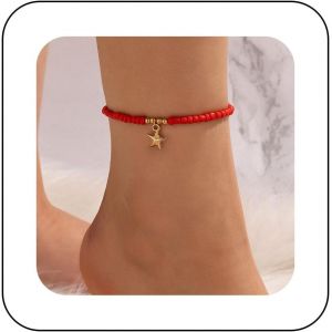 Bracelet De Cheville Bohémien Étoile De Mer En Perles Rouges Bracelet De Cheville En Perles Rouges Étoile De Mer En Forme De Pendentif Bracelet Cheville Perles Riz Chaîne Pour Femmes Et Filles - Neuf